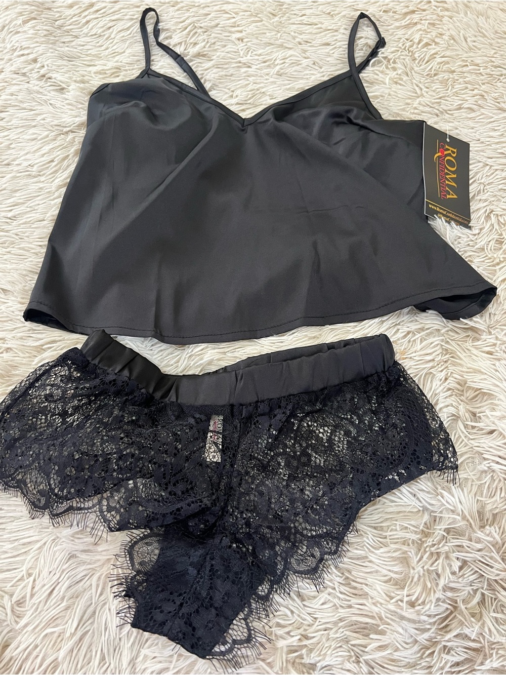 Roma Black Satin Cami with Black Lace Shorts